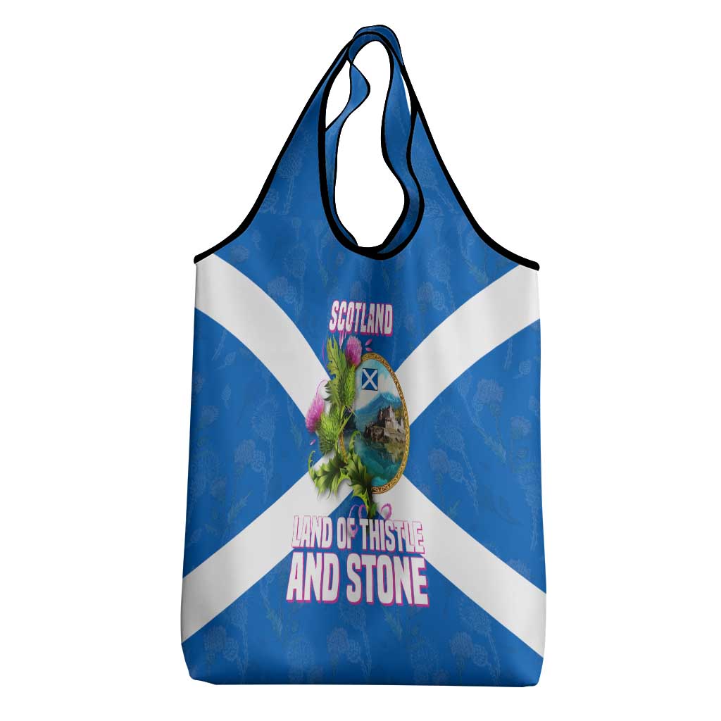 Scotland Grocery Bag with Blue Saltire Flag with Thistle Flowers Highland Landscape and Land of Thistle and Stone - Wonder Print Shop