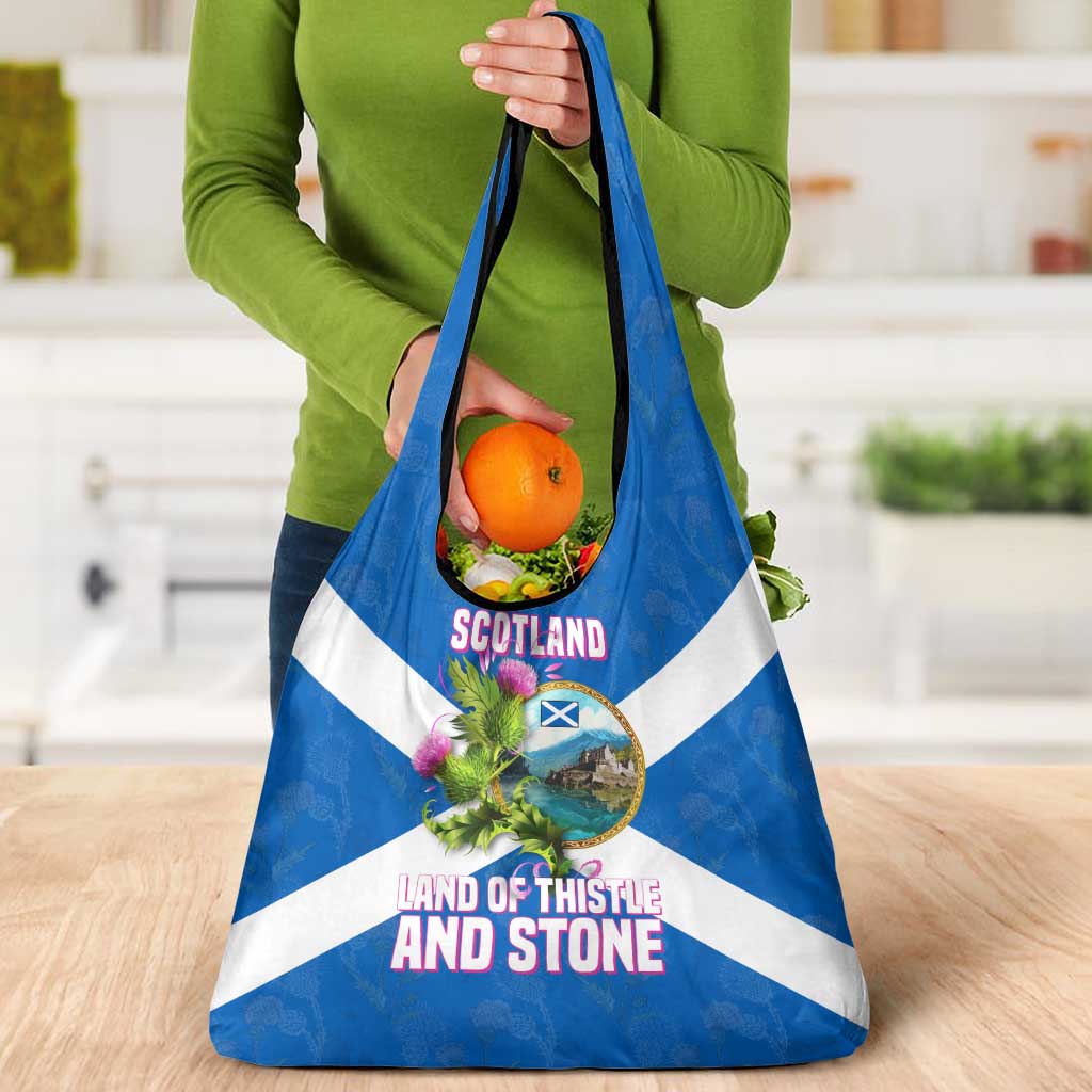 Scotland Grocery Bag with Blue Saltire Flag with Thistle Flowers Highland Landscape and Land of Thistle and Stone - Wonder Print Shop
