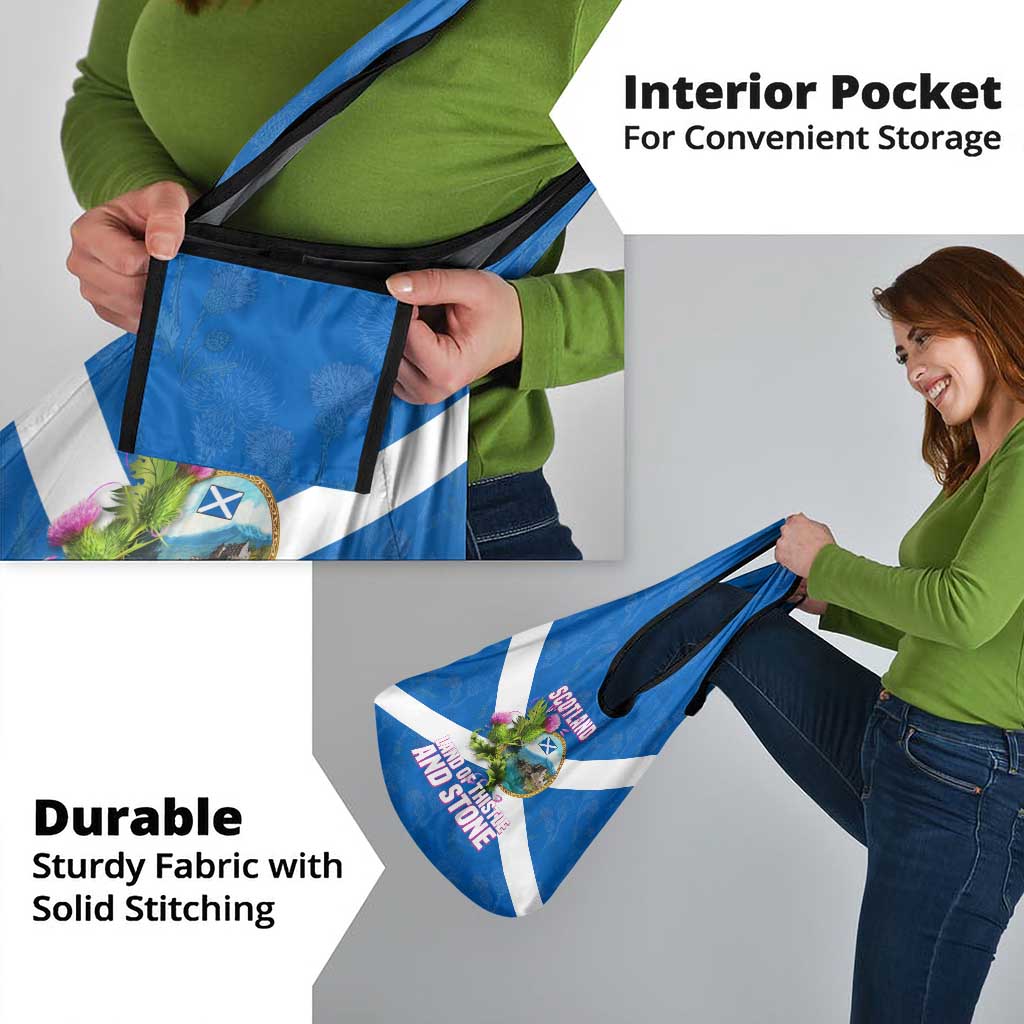 Scotland Grocery Bag with Blue Saltire Flag with Thistle Flowers Highland Landscape and Land of Thistle and Stone - Wonder Print Shop