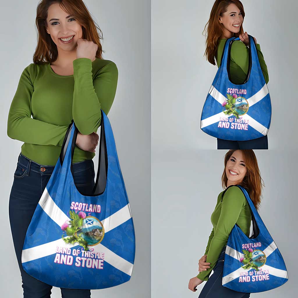 Scotland Grocery Bag with Blue Saltire Flag with Thistle Flowers Highland Landscape and Land of Thistle and Stone - Wonder Print Shop