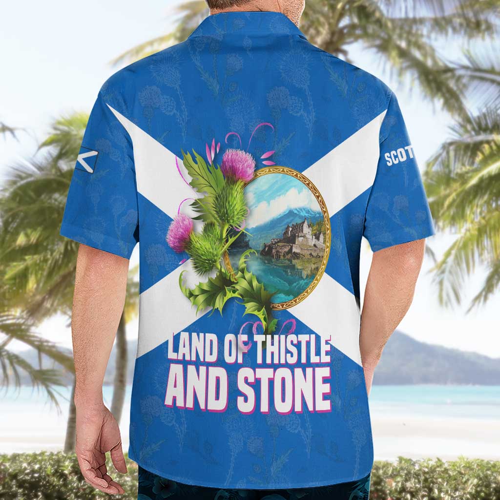 Scotland Hawaiian Shirt with Blue Saltire Flag with Thistle Flowers Highland Landscape and Land of Thistle and Stone - Wonder Print Shop