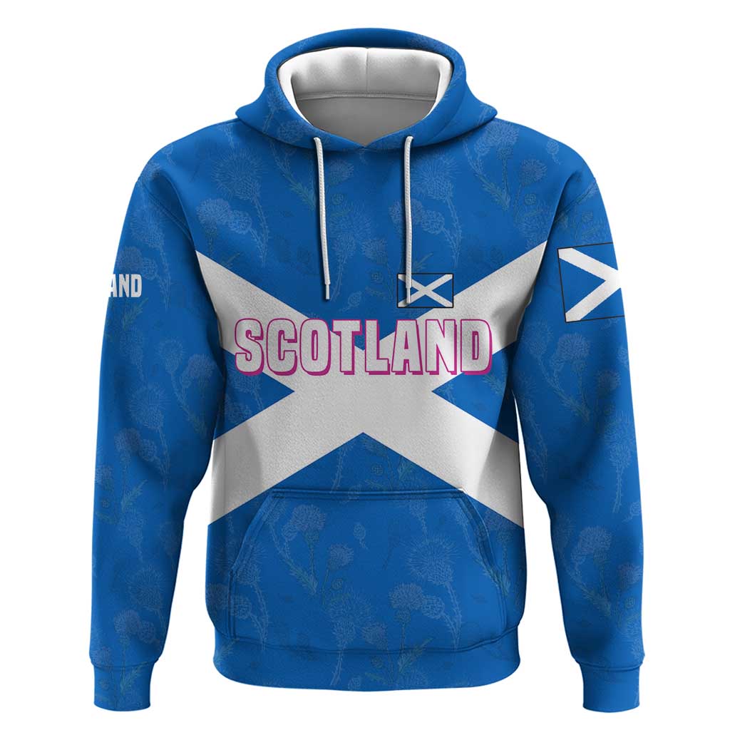 Scotland Hoodie with Blue Saltire Flag with Thistle Flowers Highland Landscape and Land of Thistle and Stone - Wonder Print Shop