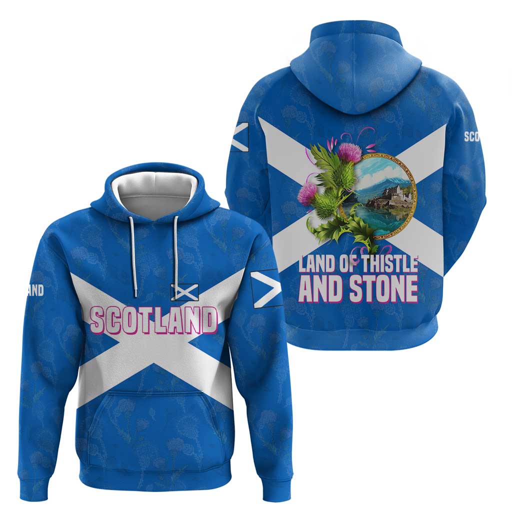 Scotland Hoodie with Blue Saltire Flag with Thistle Flowers Highland Landscape and Land of Thistle and Stone - Wonder Print Shop