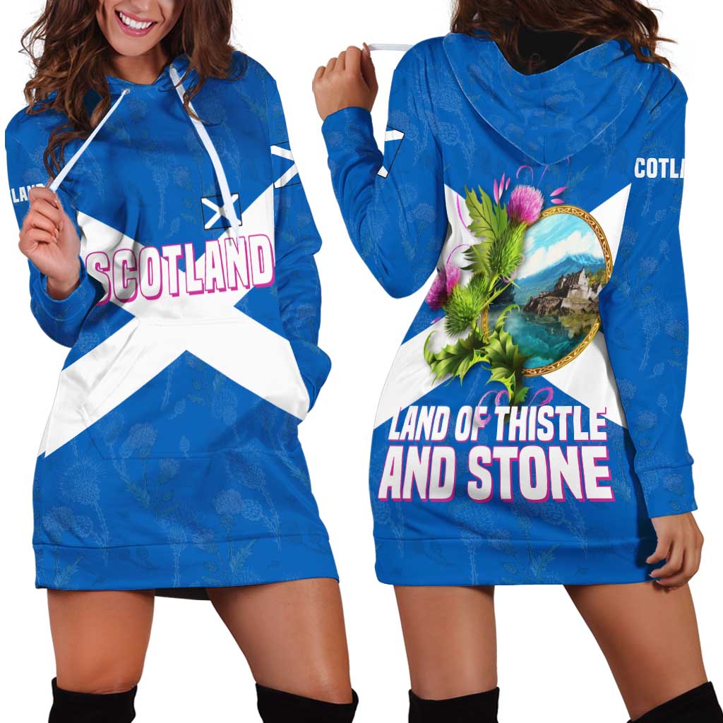 Scotland Hoodie Dress with Blue Saltire Flag with Thistle Flowers Highland Landscape and Land of Thistle and Stone - Wonder Print Shop