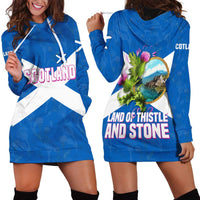 Scotland Hoodie Dress with Blue Saltire Flag with Thistle Flowers Highland Landscape and Land of Thistle and Stone - Wonder Print Shop