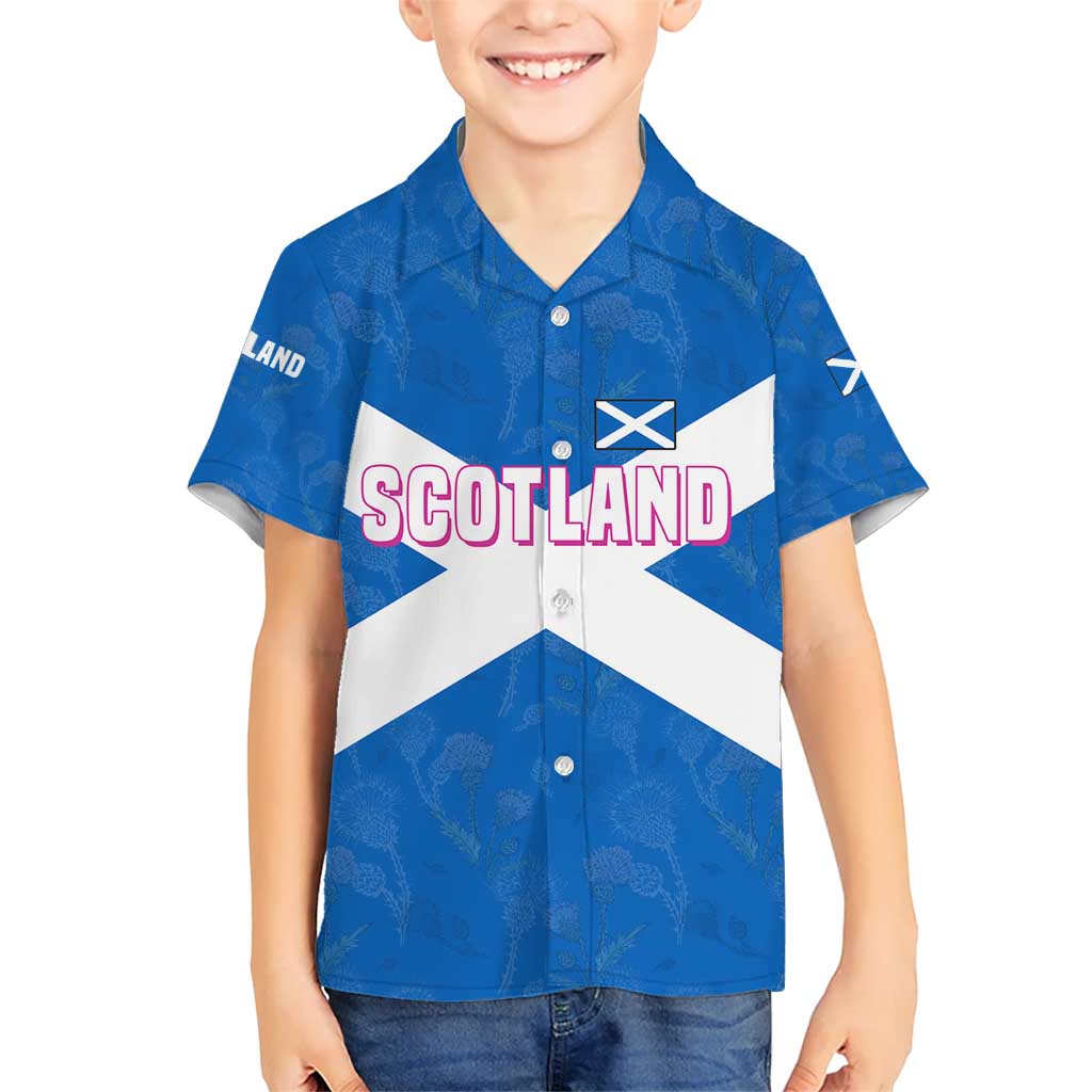 Scotland Kid Hawaiian Shirt with Blue Saltire Flag with Thistle Flowers Highland Landscape and Land of Thistle and Stone - Wonder Print Shop