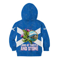 Scotland Kid Hoodie with Blue Saltire Flag with Thistle Flowers Highland Landscape and Land of Thistle and Stone - Wonder Print Shop