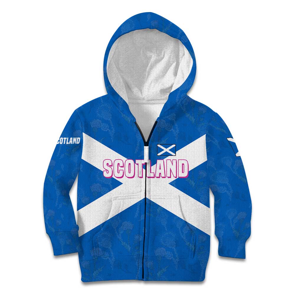 Scotland Kid Hoodie with Blue Saltire Flag with Thistle Flowers Highland Landscape and Land of Thistle and Stone - Wonder Print Shop