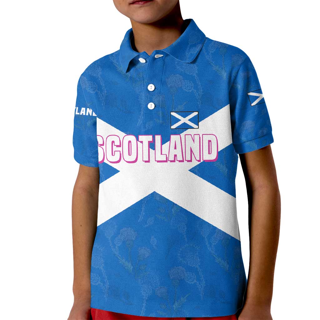 Scotland Kid Polo Shirt with Blue Saltire Flag with Thistle Flowers Highland Landscape and Land of Thistle and Stone - Wonder Print Shop