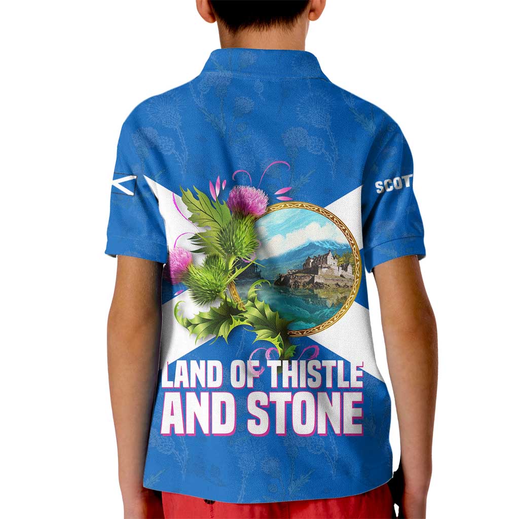Scotland Kid Polo Shirt with Blue Saltire Flag with Thistle Flowers Highland Landscape and Land of Thistle and Stone - Wonder Print Shop