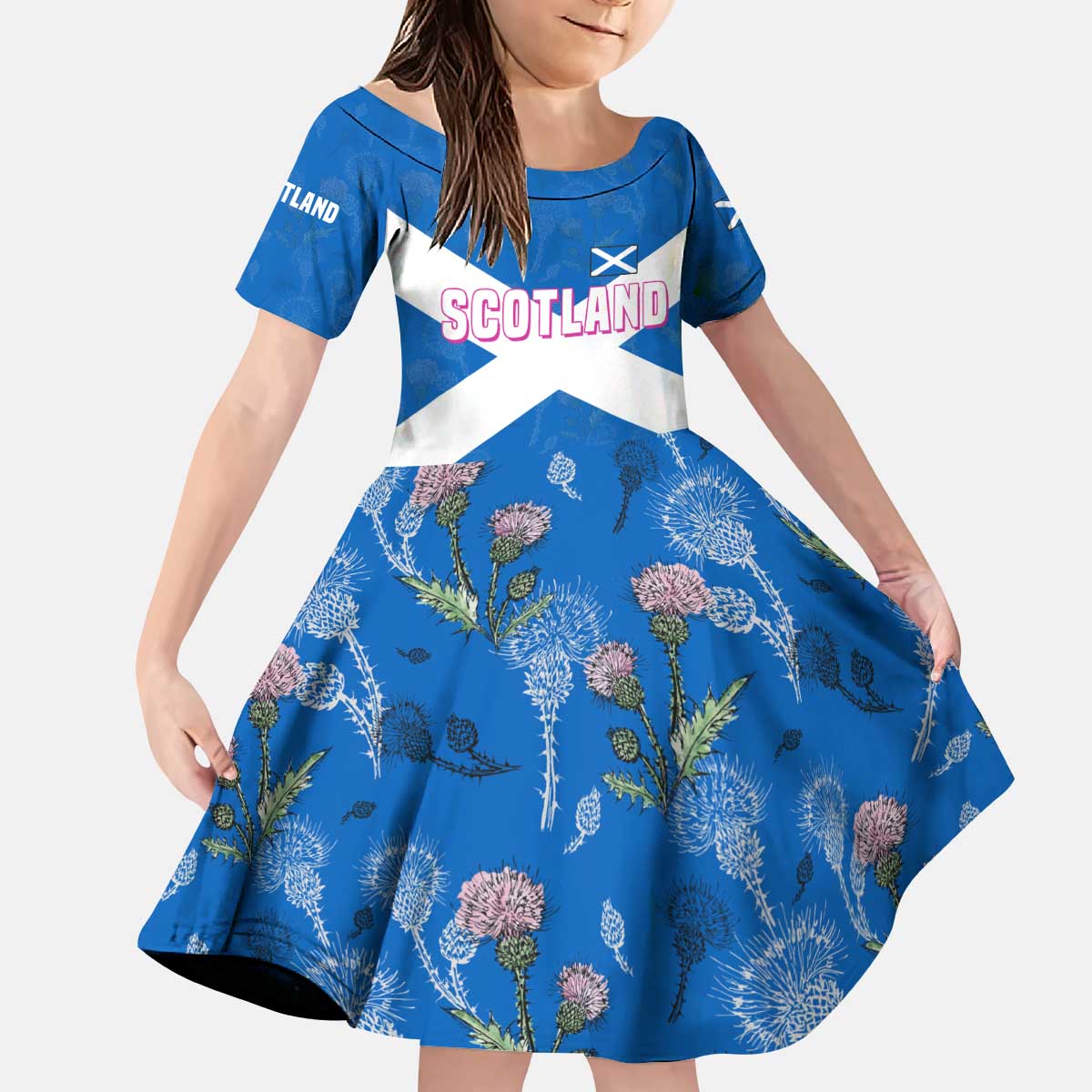 Scotland Kid Short Sleeve Dress with Blue Saltire Flag with Thistle Flowers Highland Landscape and Land of Thistle and Stone - Wonder Print Shop