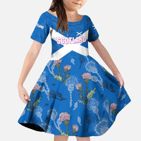 Scotland Kid Short Sleeve Dress with Blue Saltire Flag with Thistle Flowers Highland Landscape and Land of Thistle and Stone - Wonder Print Shop