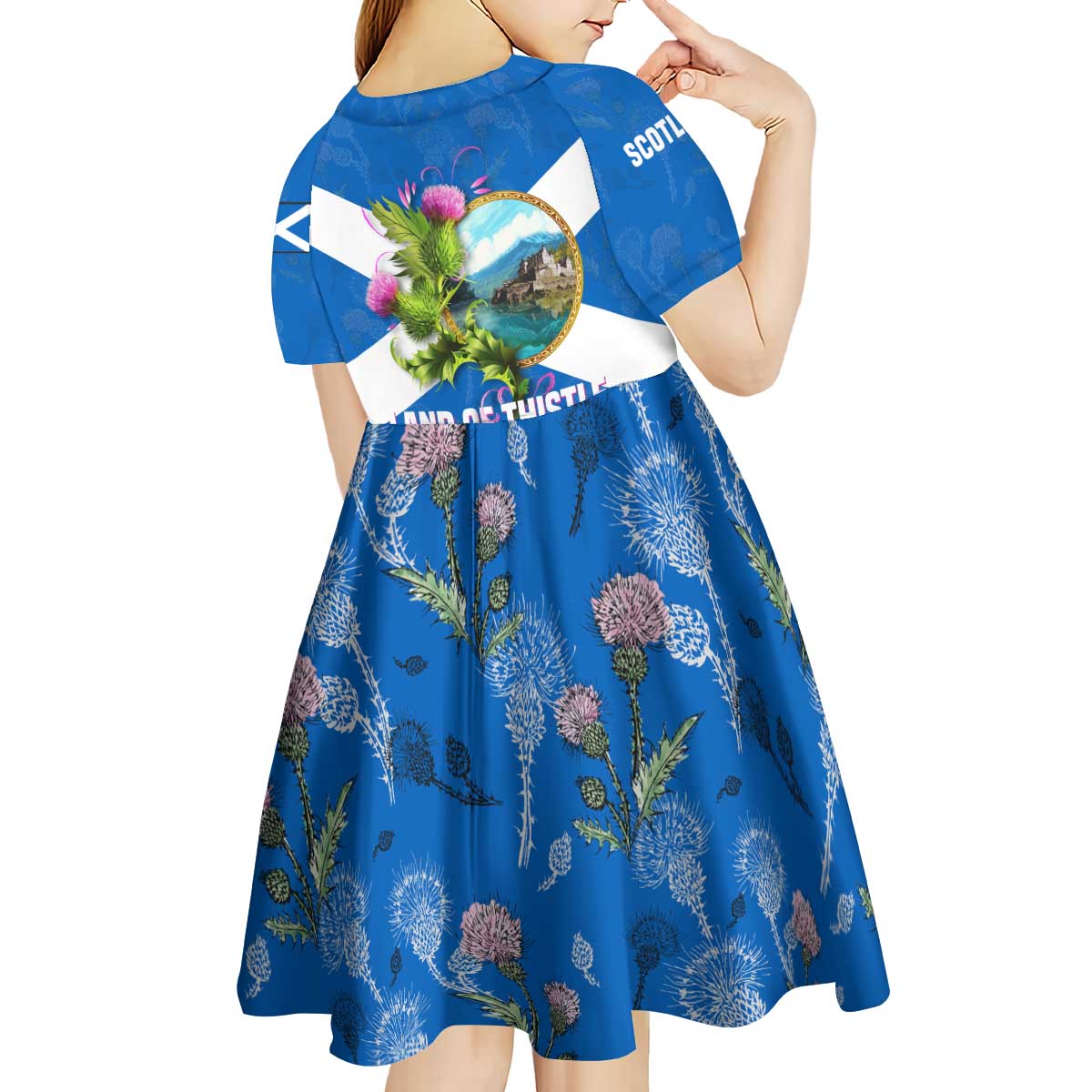 Scotland Kid Short Sleeve Dress with Blue Saltire Flag with Thistle Flowers Highland Landscape and Land of Thistle and Stone - Wonder Print Shop