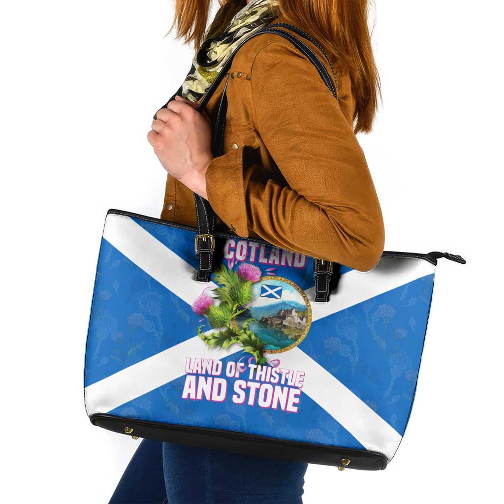 Scotland Leather Tote Bag with Blue Saltire Flag with Thistle Flowers Highland Landscape and Land of Thistle and Stone - Wonder Print Shop