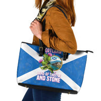 Scotland Leather Tote Bag with Blue Saltire Flag with Thistle Flowers Highland Landscape and Land of Thistle and Stone - Wonder Print Shop