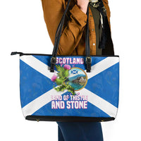 Scotland Leather Tote Bag with Blue Saltire Flag with Thistle Flowers Highland Landscape and Land of Thistle and Stone - Wonder Print Shop