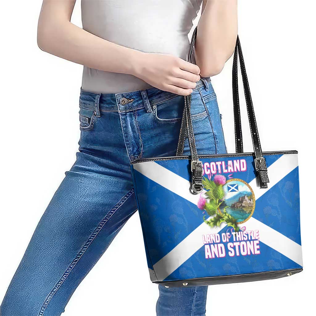 Scotland Leather Tote Bag with Blue Saltire Flag with Thistle Flowers Highland Landscape and Land of Thistle and Stone - Wonder Print Shop