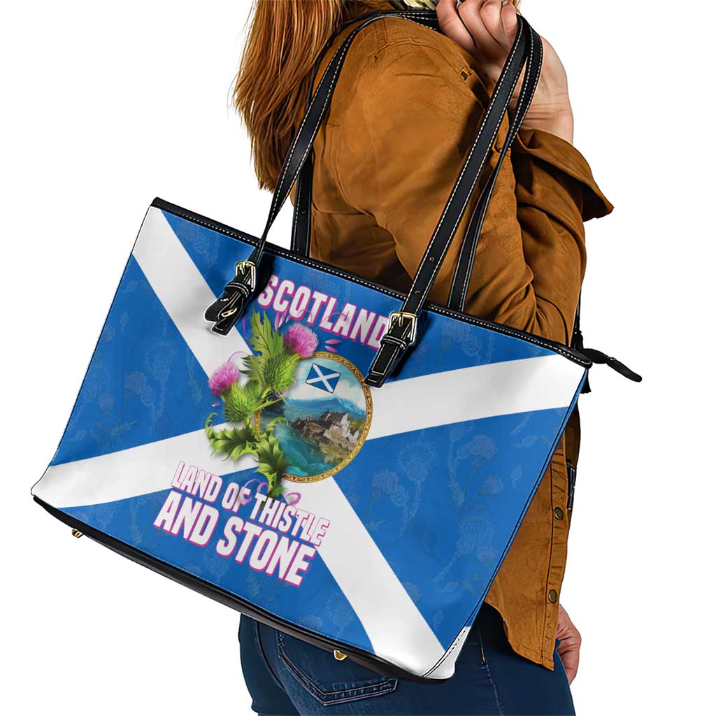 Scotland Leather Tote Bag with Blue Saltire Flag with Thistle Flowers Highland Landscape and Land of Thistle and Stone - Wonder Print Shop