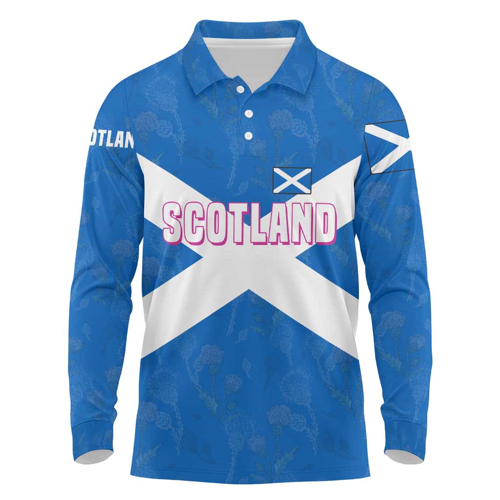 Scotland Long Sleeve Polo Shirt with Blue Saltire Flag with Thistle Flowers Highland Landscape and Land of Thistle and Stone - Wonder Print Shop