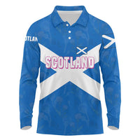 Scotland Long Sleeve Polo Shirt with Blue Saltire Flag with Thistle Flowers Highland Landscape and Land of Thistle and Stone - Wonder Print Shop