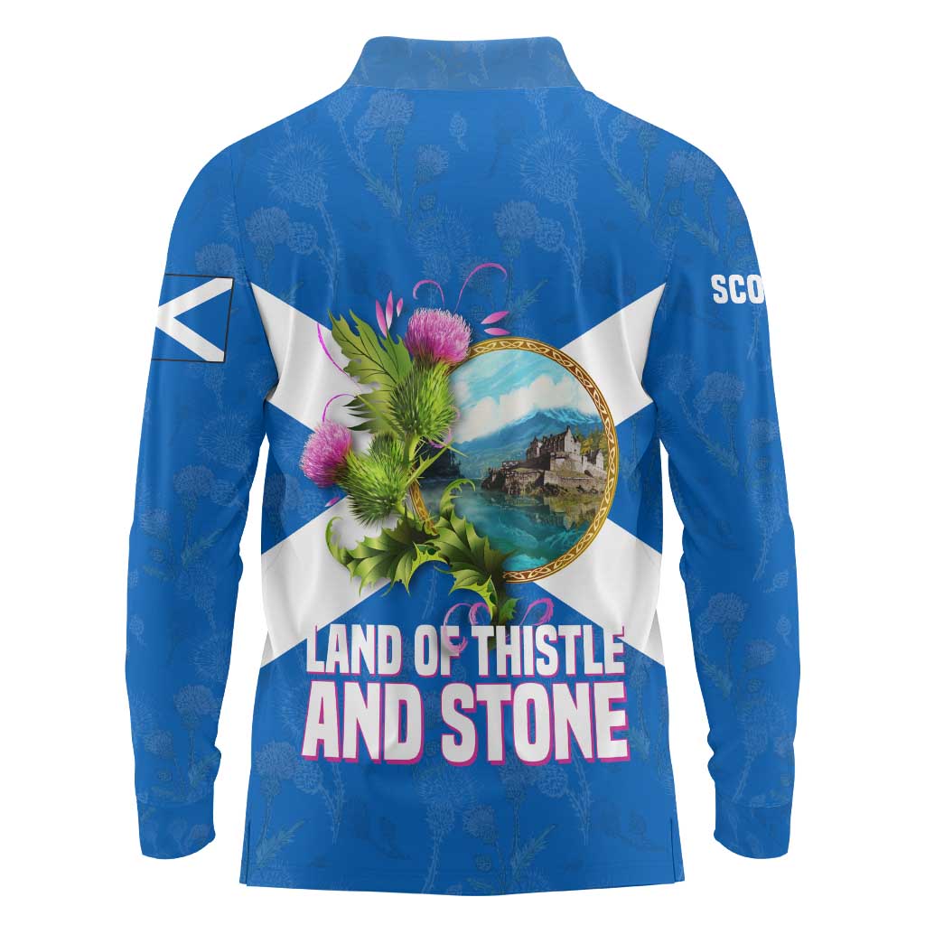 Scotland Long Sleeve Polo Shirt with Blue Saltire Flag with Thistle Flowers Highland Landscape and Land of Thistle and Stone - Wonder Print Shop