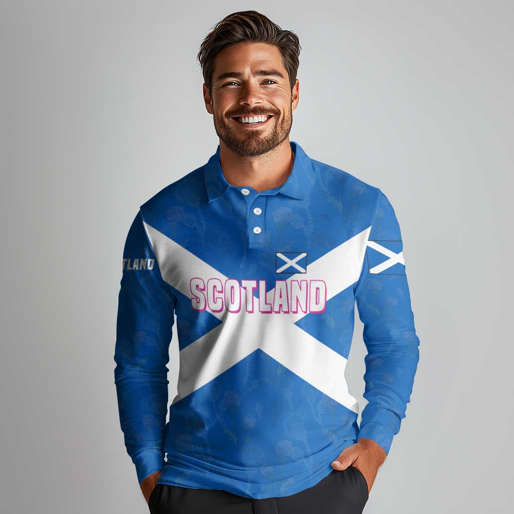 Scotland Long Sleeve Polo Shirt with Blue Saltire Flag with Thistle Flowers Highland Landscape and Land of Thistle and Stone - Wonder Print Shop