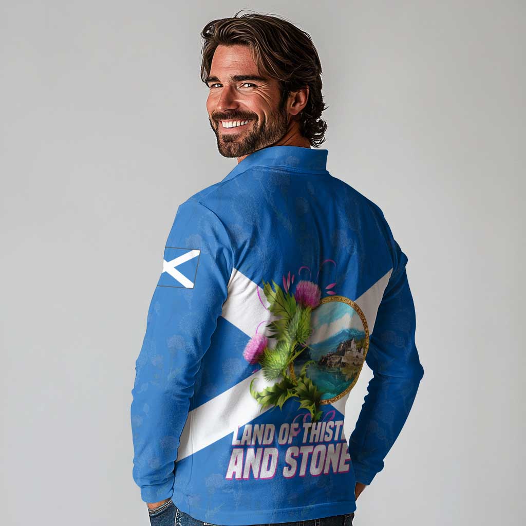 Scotland Long Sleeve Polo Shirt with Blue Saltire Flag with Thistle Flowers Highland Landscape and Land of Thistle and Stone - Wonder Print Shop
