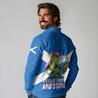 Scotland Long Sleeve Polo Shirt with Blue Saltire Flag with Thistle Flowers Highland Landscape and Land of Thistle and Stone - Wonder Print Shop