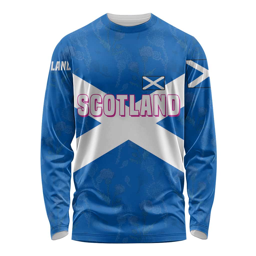 Scotland Long Sleeve Shirt with Blue Saltire Flag with Thistle Flowers Highland Landscape and Land of Thistle and Stone - Wonder Print Shop