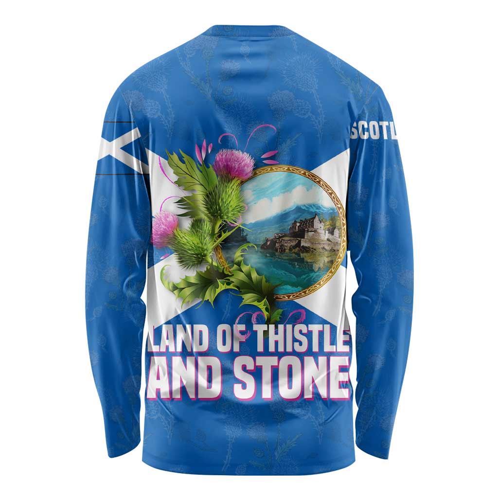 Scotland Long Sleeve Shirt with Blue Saltire Flag with Thistle Flowers Highland Landscape and Land of Thistle and Stone - Wonder Print Shop