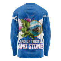Scotland Long Sleeve Shirt with Blue Saltire Flag with Thistle Flowers Highland Landscape and Land of Thistle and Stone - Wonder Print Shop