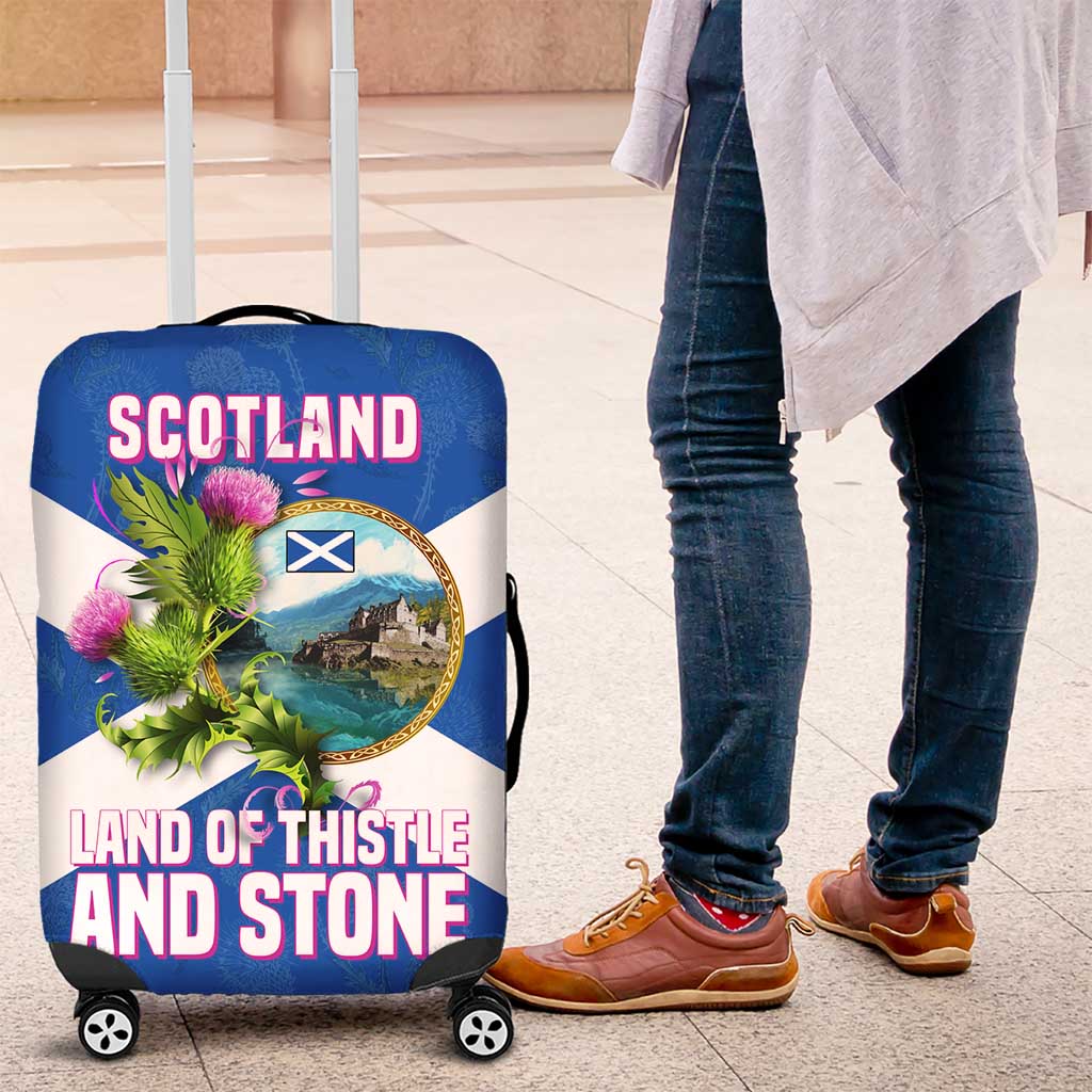 Scotland Luggage Cover with Blue Saltire Flag with Thistle Flowers Highland Landscape and Land of Thistle and Stone - Wonder Print Shop