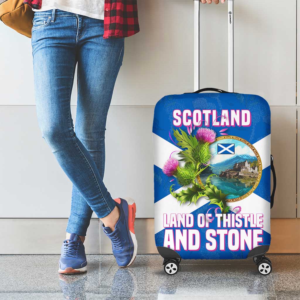 Scotland Luggage Cover with Blue Saltire Flag with Thistle Flowers Highland Landscape and Land of Thistle and Stone - Wonder Print Shop