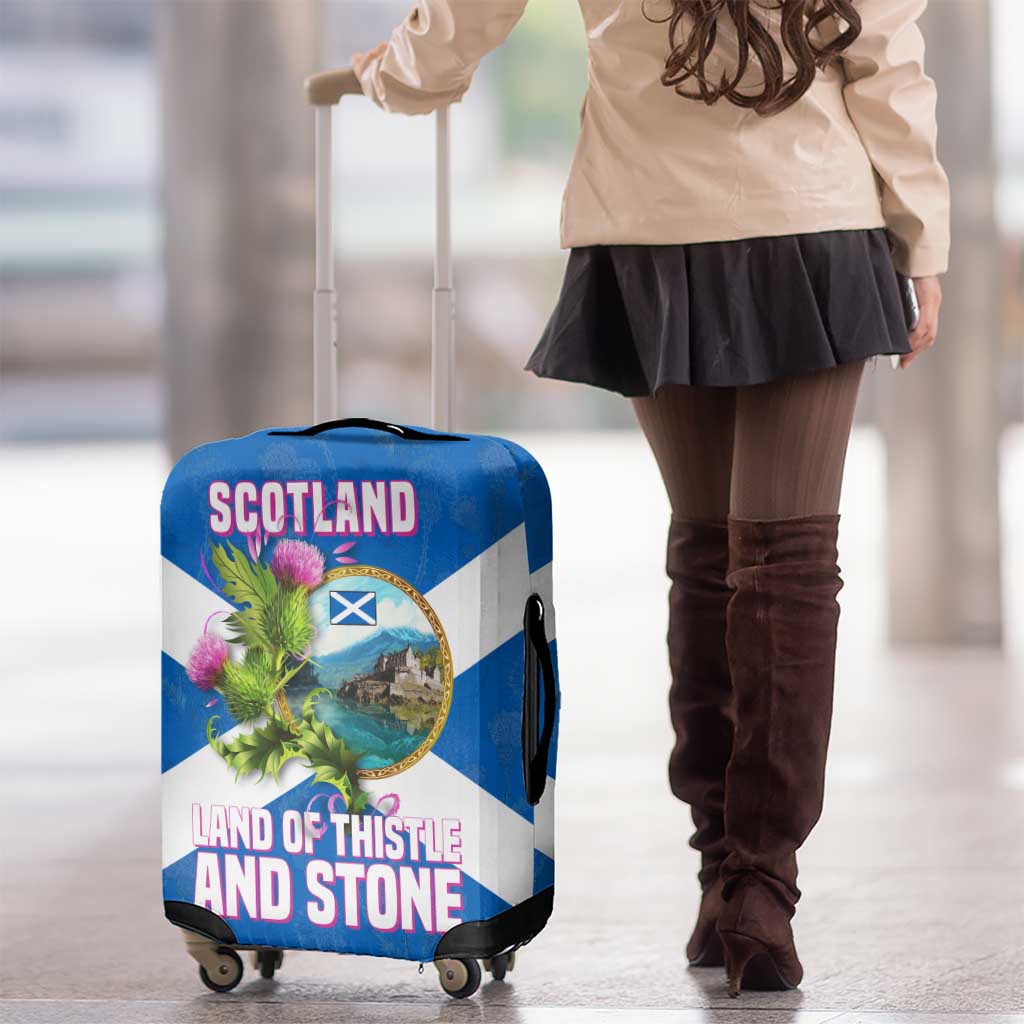 Scotland Luggage Cover with Blue Saltire Flag with Thistle Flowers Highland Landscape and Land of Thistle and Stone - Wonder Print Shop