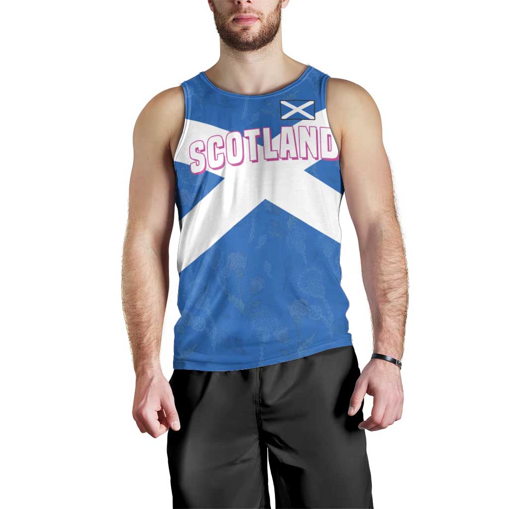 Scotland Men Tank Top with Blue Saltire Flag with Thistle Flowers Highland Landscape and Land of Thistle and Stone - Wonder Print Shop