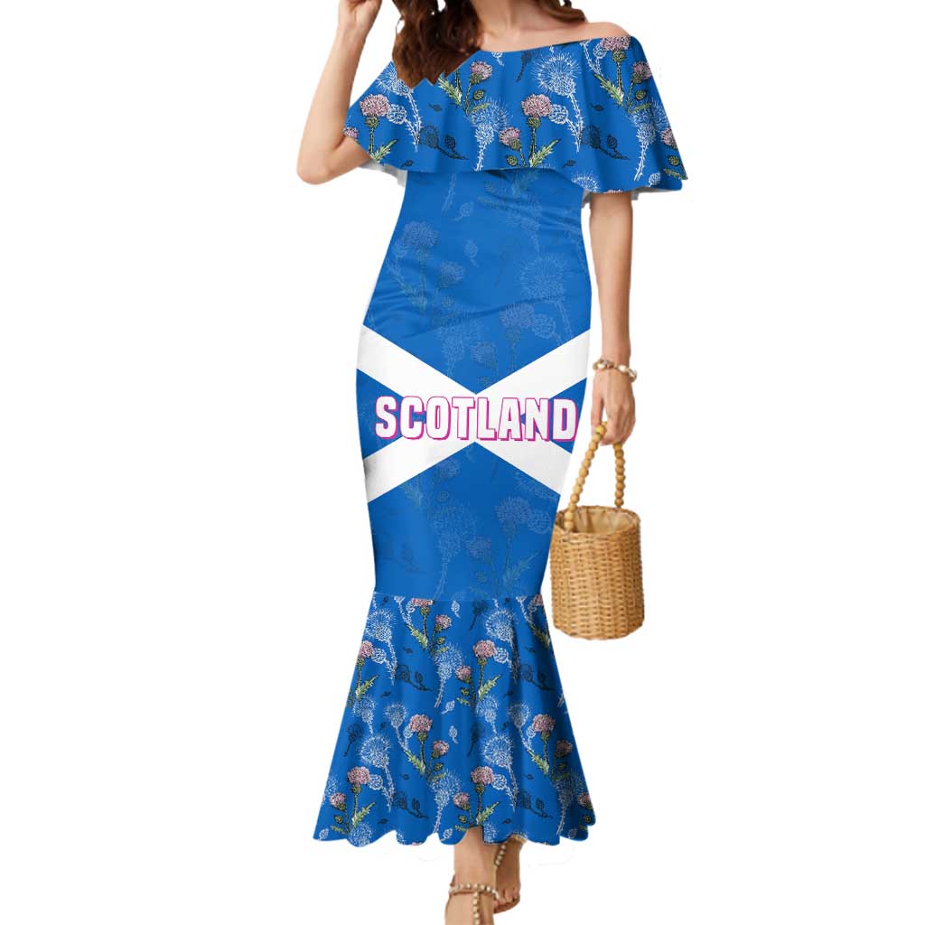 Scotland Mermaid Dress with Blue Saltire Flag with Thistle Flowers Highland Landscape and Land of Thistle and Stone - Wonder Print Shop