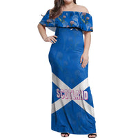 Scotland Off Shoulder Maxi Dress with Blue Saltire Flag with Thistle Flowers Highland Landscape and Land of Thistle and Stone - Wonder Print Shop