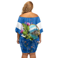 Scotland Off Shoulder Short Dress with Blue Saltire Flag with Thistle Flowers Highland Landscape and Land of Thistle and Stone - Wonder Print Shop