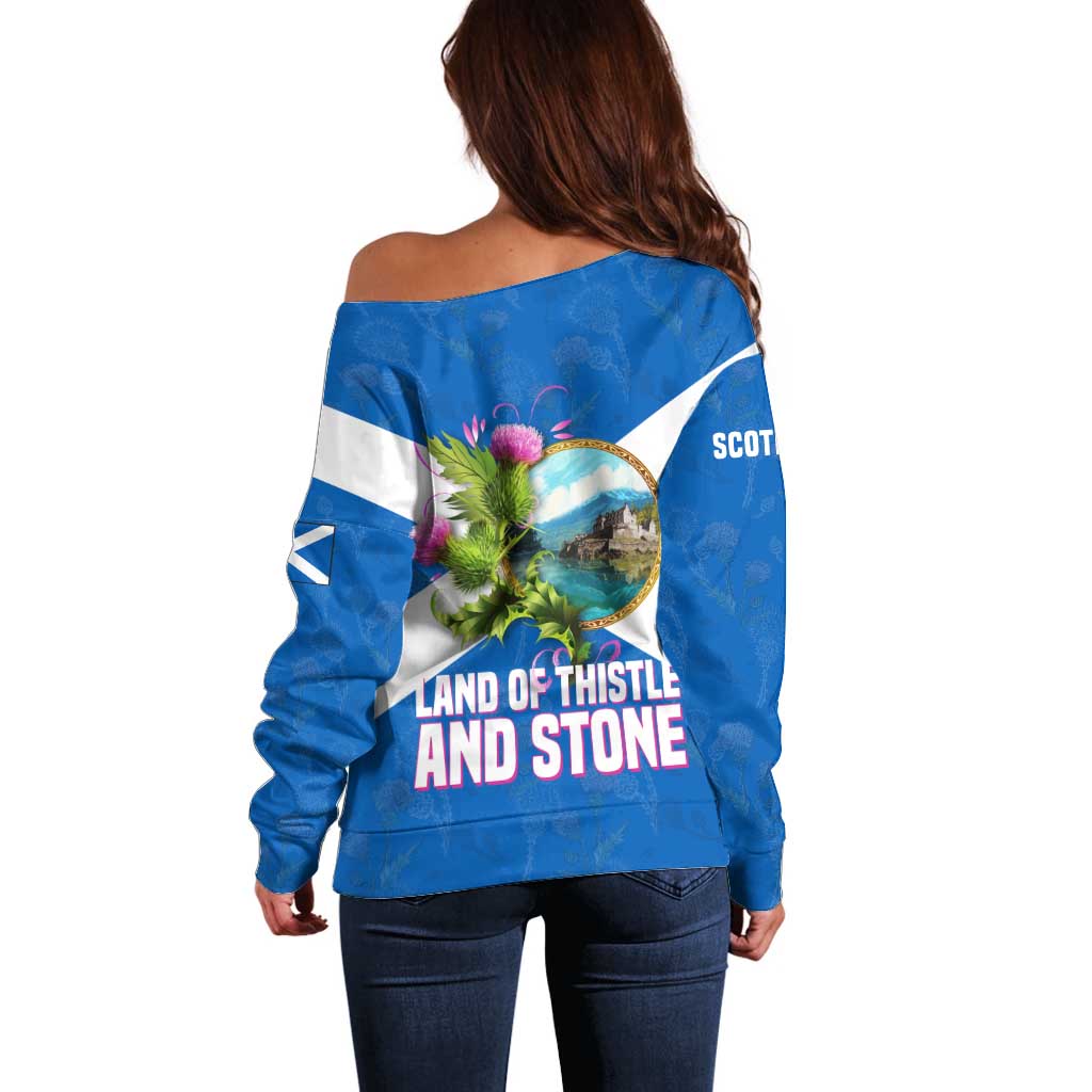 Scotland Off Shoulder Sweater with Blue Saltire Flag with Thistle Flowers Highland Landscape and Land of Thistle and Stone - Wonder Print Shop