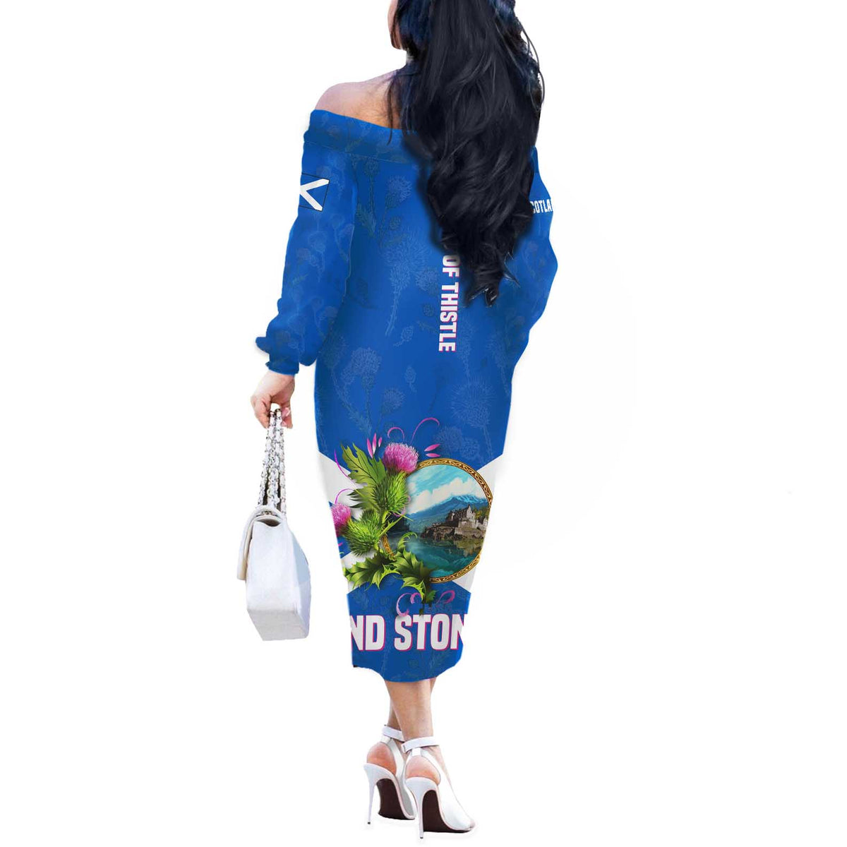 Scotland Off The Shoulder Long Sleeve Dress with Blue Saltire Flag with Thistle Flowers Highland Landscape and Land of Thistle and Stone - Wonder Print Shop