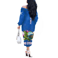 Scotland Off The Shoulder Long Sleeve Dress with Blue Saltire Flag with Thistle Flowers Highland Landscape and Land of Thistle and Stone - Wonder Print Shop