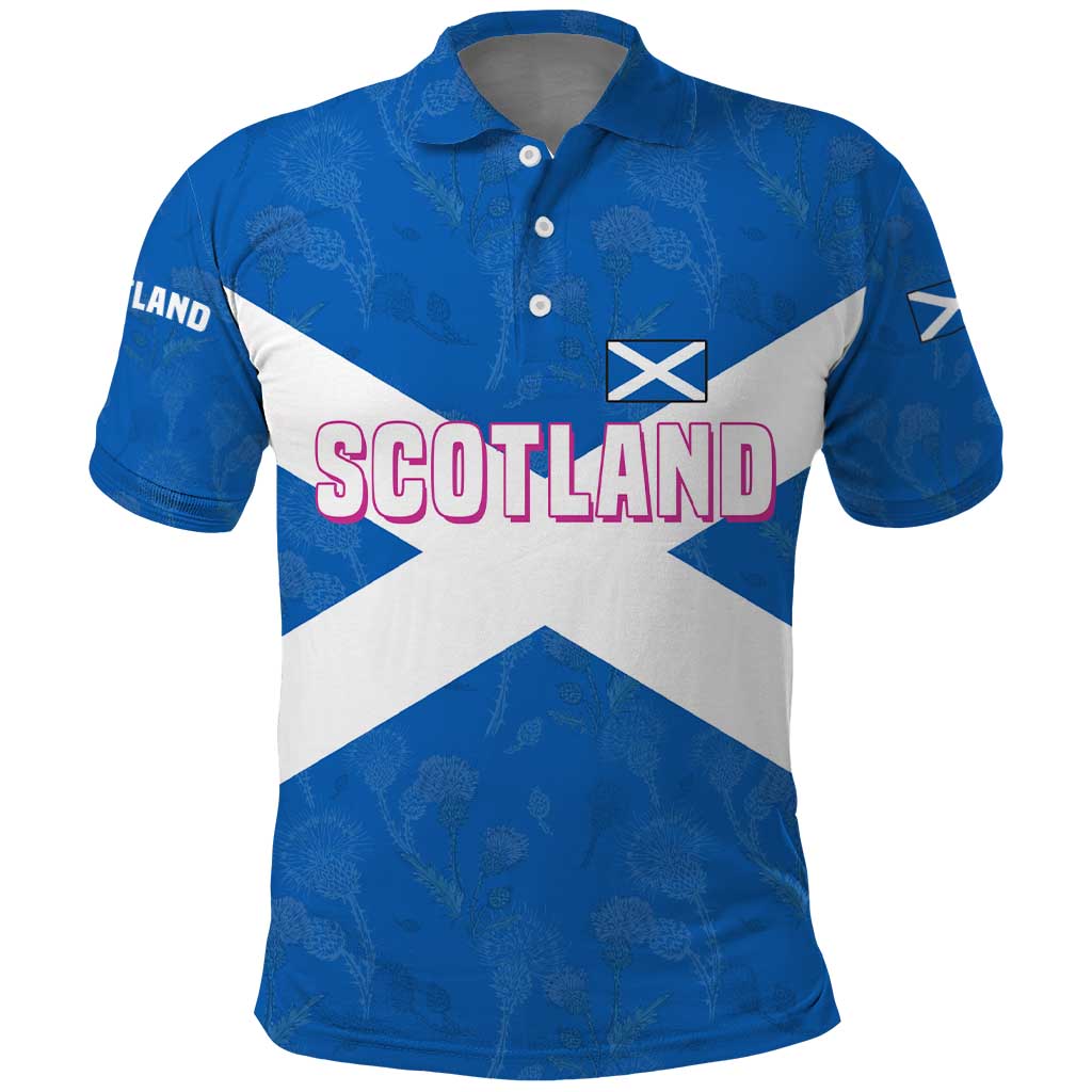 Scotland Polo Shirt with Blue Saltire Flag with Thistle Flowers Highland Landscape and Land of Thistle and Stone - Wonder Print Shop