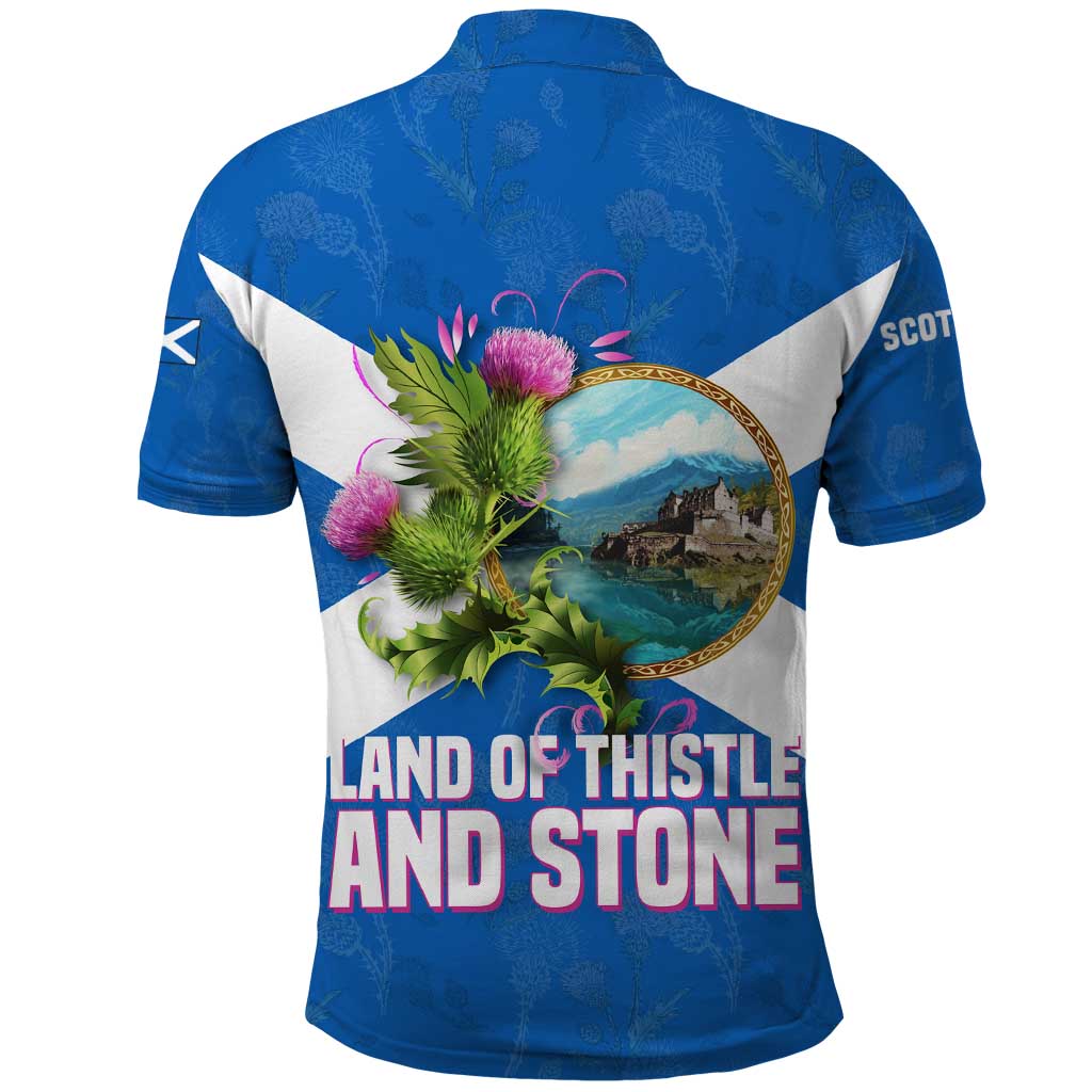 Scotland Polo Shirt with Blue Saltire Flag with Thistle Flowers Highland Landscape and Land of Thistle and Stone - Wonder Print Shop