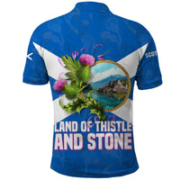Scotland Polo Shirt with Blue Saltire Flag with Thistle Flowers Highland Landscape and Land of Thistle and Stone - Wonder Print Shop