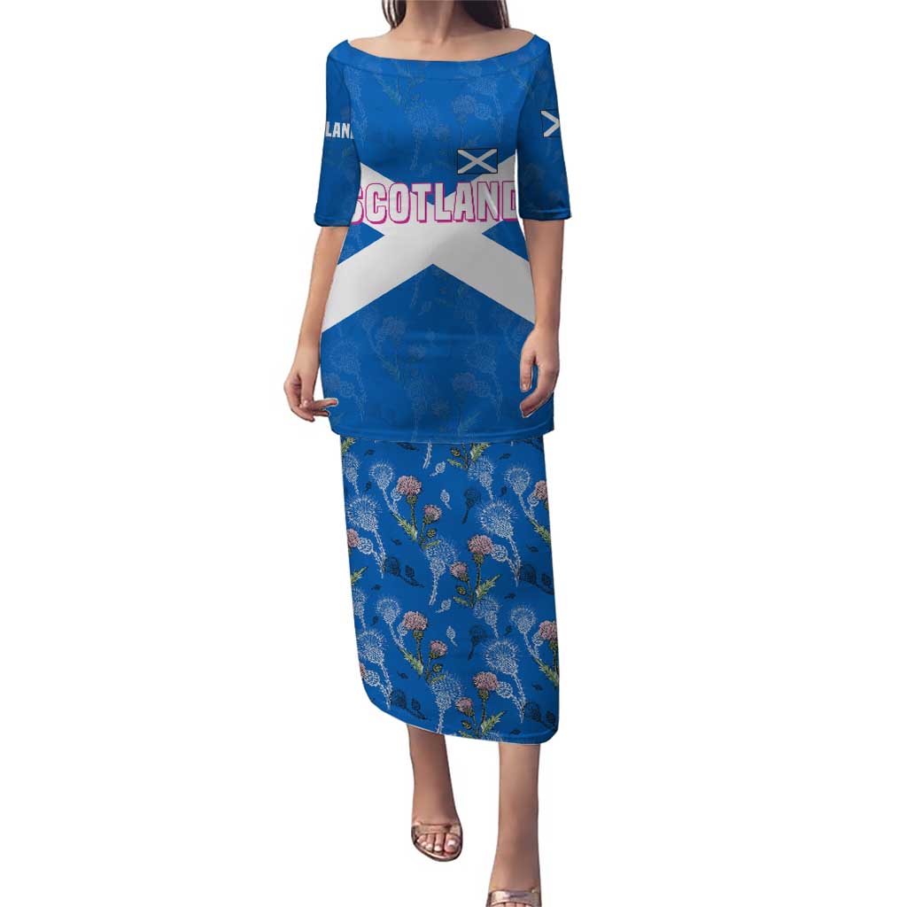 Scotland Puletasi with Blue Saltire Flag with Thistle Flowers Highland Landscape and Land of Thistle and Stone - Wonder Print Shop