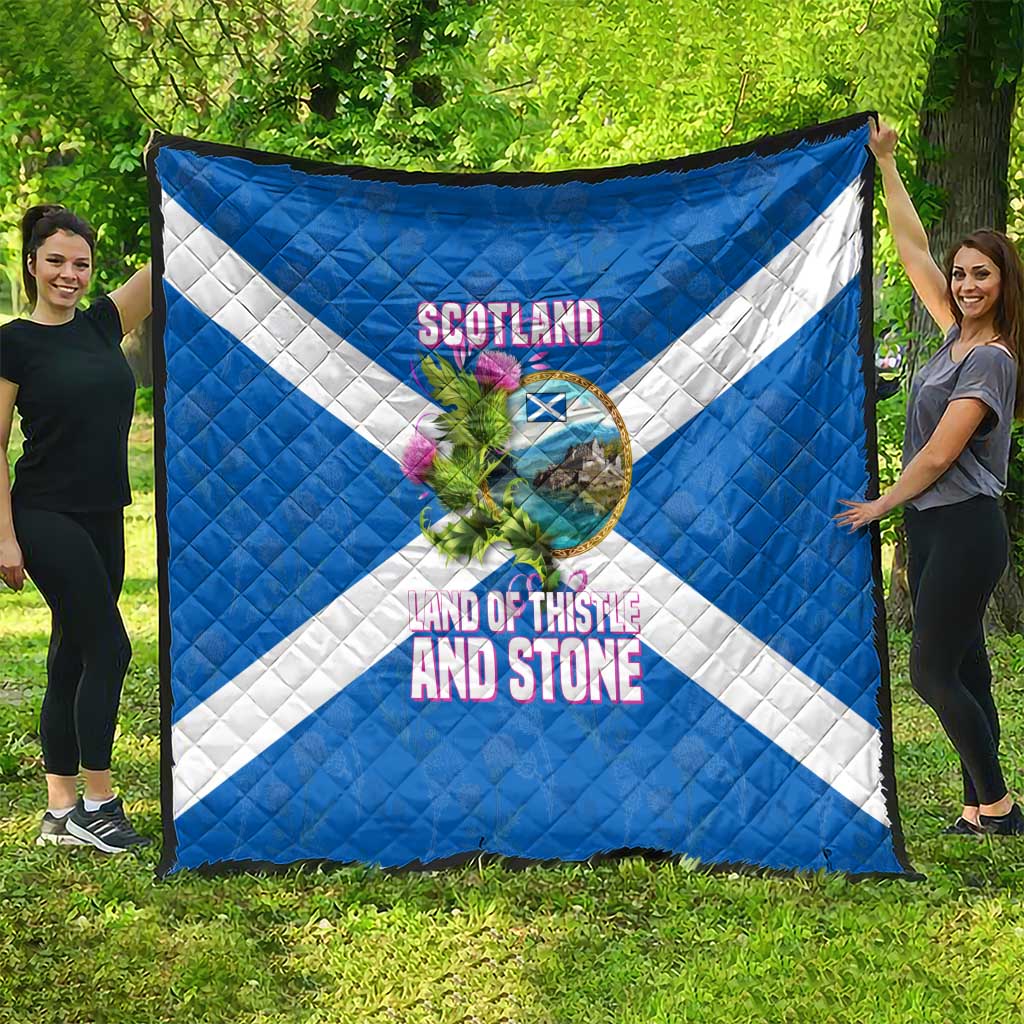 Scotland Quilt with Blue Saltire Flag with Thistle Flowers Highland Landscape and Land of Thistle and Stone - Wonder Print Shop
