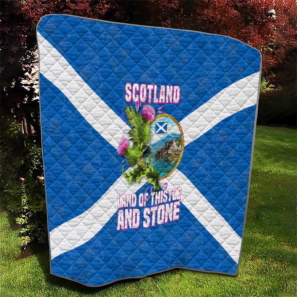 Scotland Quilt with Blue Saltire Flag with Thistle Flowers Highland Landscape and Land of Thistle and Stone - Wonder Print Shop