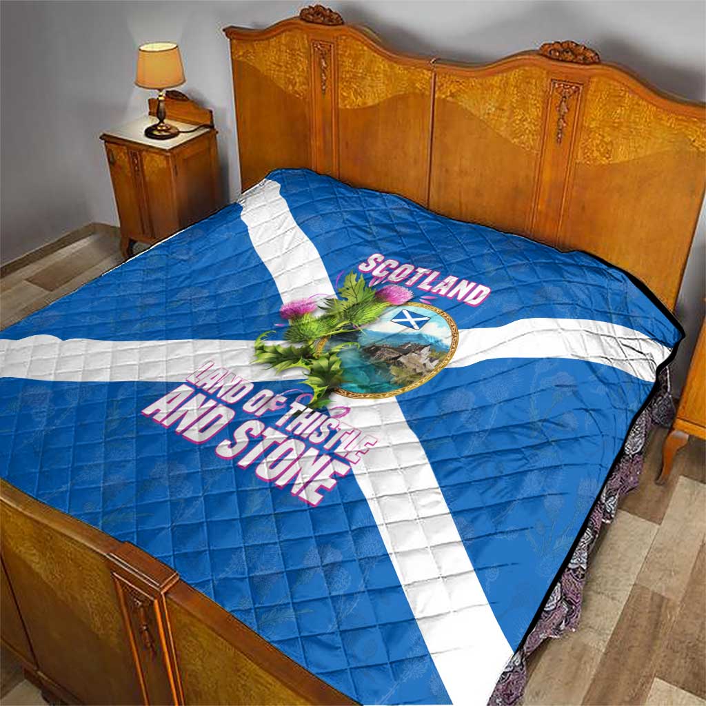 Scotland Quilt with Blue Saltire Flag with Thistle Flowers Highland Landscape and Land of Thistle and Stone - Wonder Print Shop