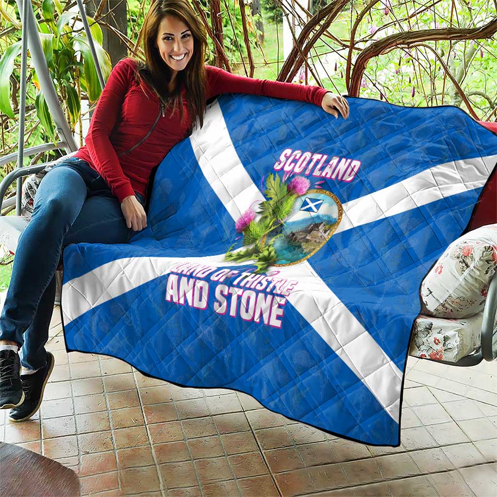 Scotland Quilt with Blue Saltire Flag with Thistle Flowers Highland Landscape and Land of Thistle and Stone - Wonder Print Shop