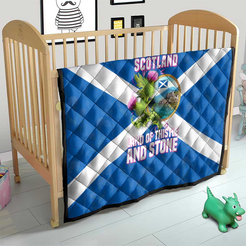 Scotland Quilt with Blue Saltire Flag with Thistle Flowers Highland Landscape and Land of Thistle and Stone - Wonder Print Shop